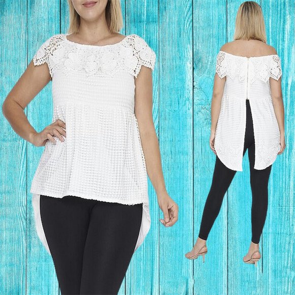 PLUS SZ Victorian Ivory Open Tail Off Shoulder Sleeveless Lace Tunic Top T1481X - Picture 1 of 8